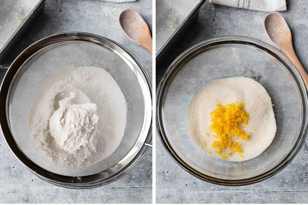 A mixing bowl with sifted dry ingredients to make lemon zucchini bread, next to another photo of a bowl with sugar and lemon zest.