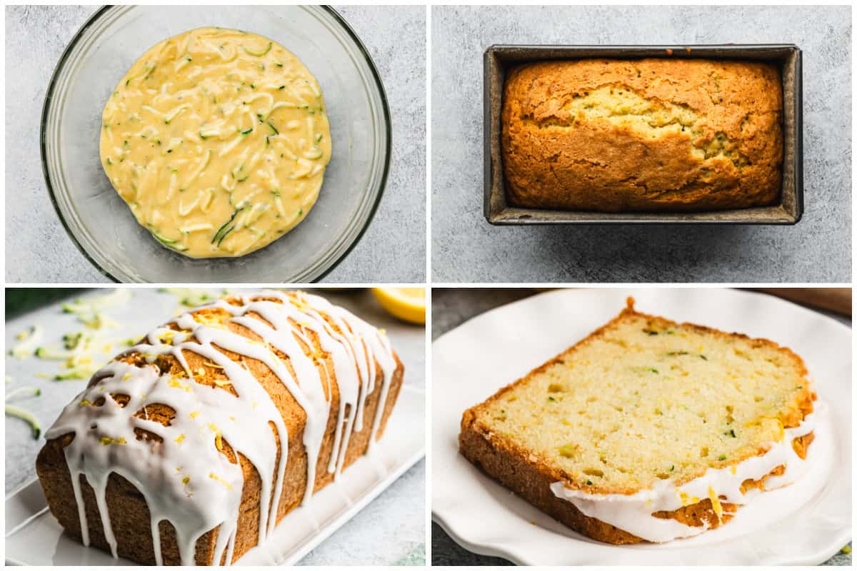 Four images showing a lemon zucchini bread recipe that tastes as good as cake! It's moist, fluffy, and tastes like summer.