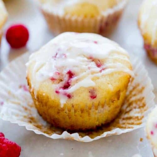 Raspberry Muffin with glaze on top.