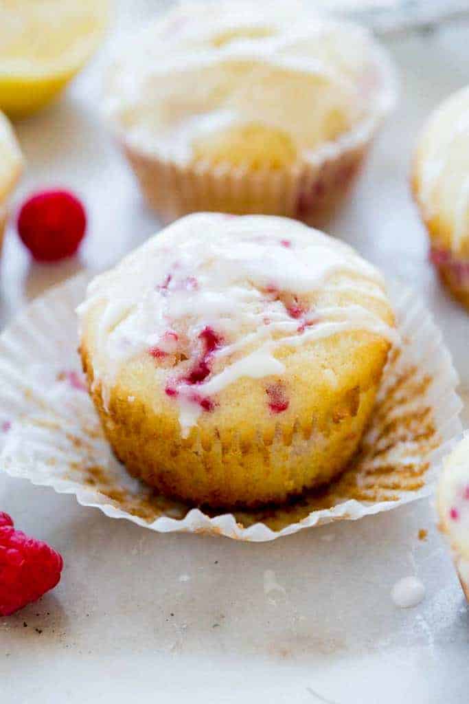 Raspberry Muffin with glaze on top.
