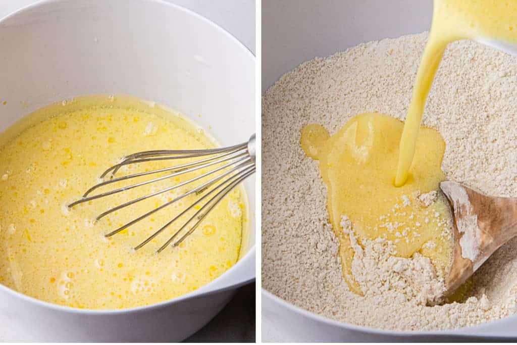 Wet ingredients for muffins in a mixing bowl, then poured over dry ingredients.