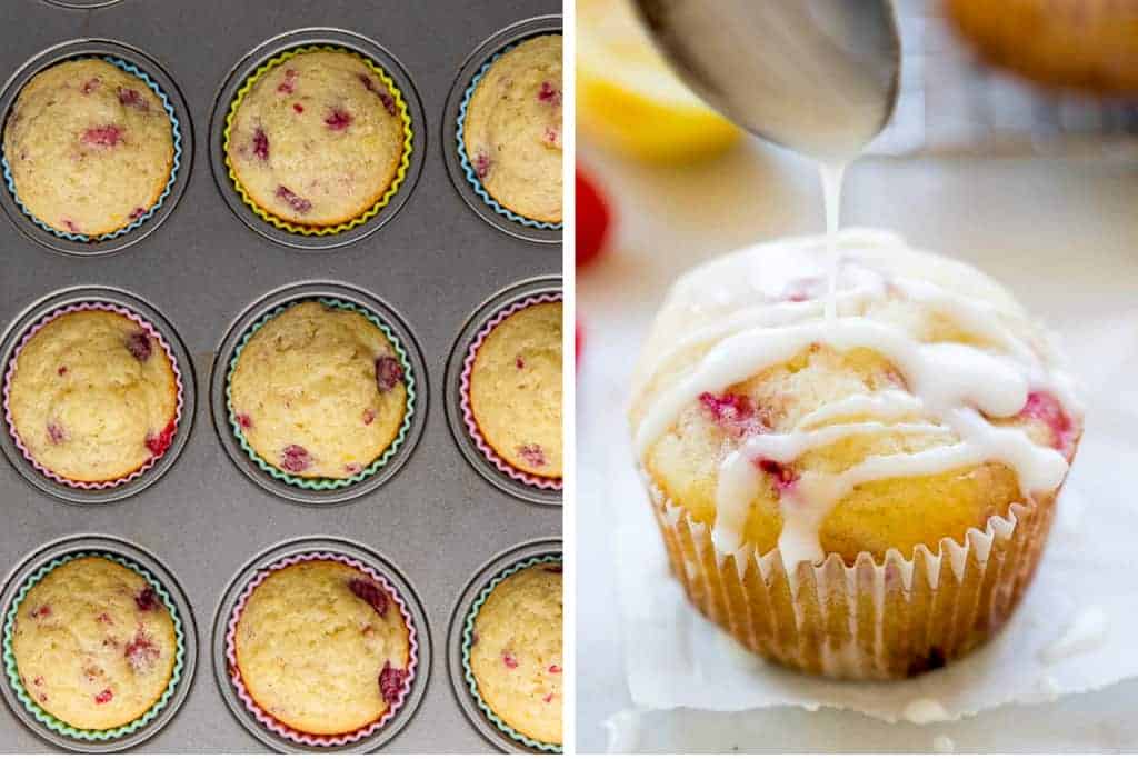 A muffin pan with baked raspberry muffins in it, next to another photo of glaze being poured on top of a muffin.