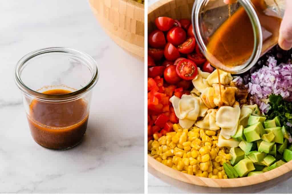 Homemade dressing for Tortellini Pasta Salad, next to another photo of the dressing being poured over the pasta salad.