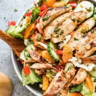 The best Asian Chicken Salad recipe has mandarin oranges, cucumbers, lettuce, carrot, bell peppers, and juicy chicken. We use an easy dressing as the marinade and dressing.