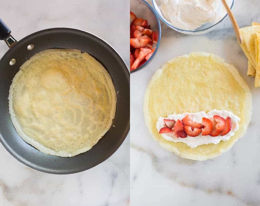 A skillet with a crepe cooking in it, next to another photo of a cooked crepe with a line of creamy whipped filling and fresh strawberries.