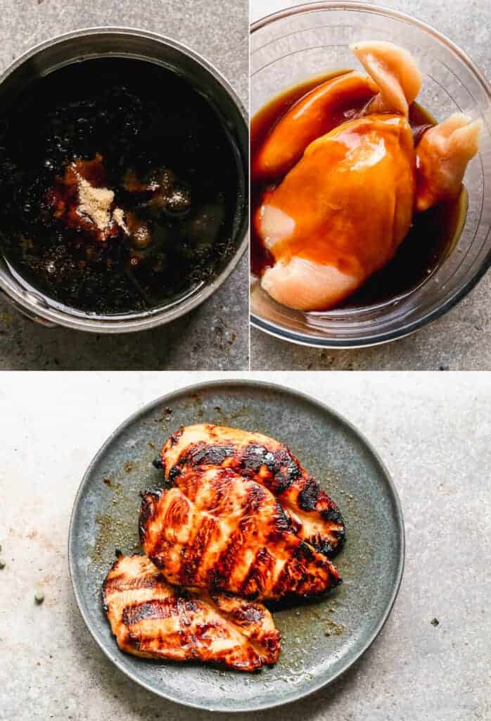 Three process photos for making teriyaki marinade, marinating and grilling chicken.