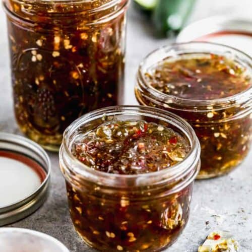 Three jars filled with Pepper Jelly.