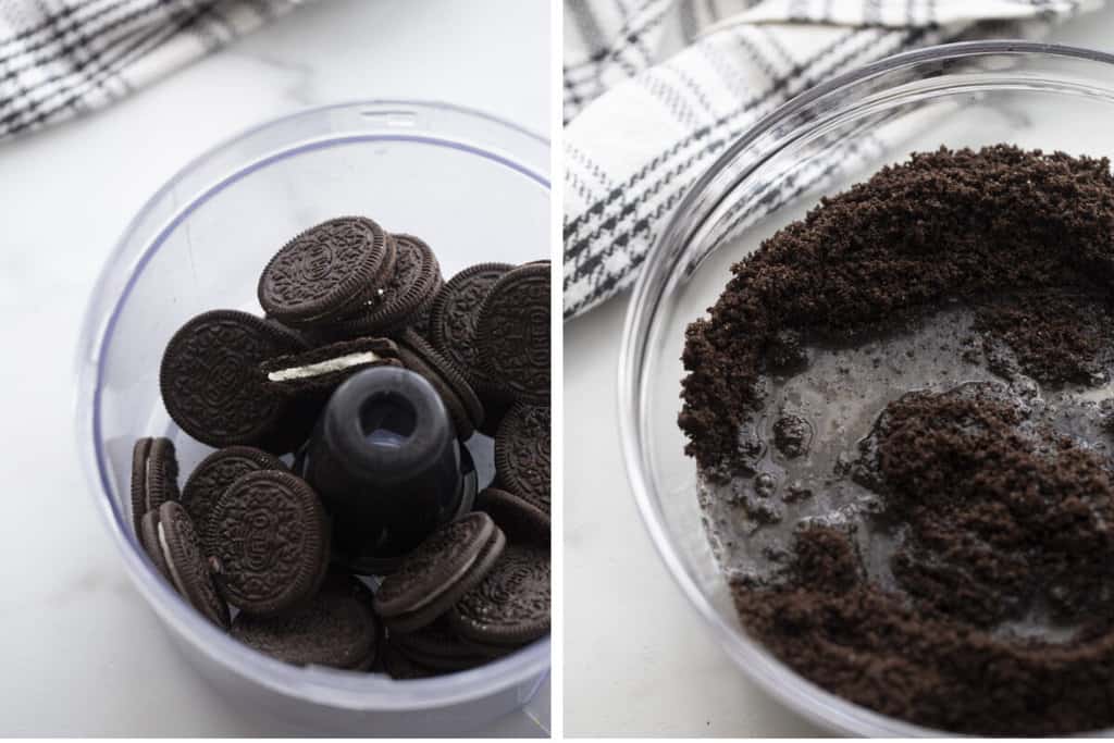 Two process photos of crushing Oreos in a food processor and adding to a bowl with melted butter.