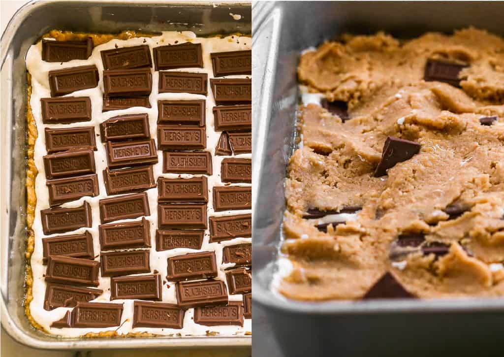 Two process photos for assembling s'mores bars with dough, marshmallow creme and chocolate.