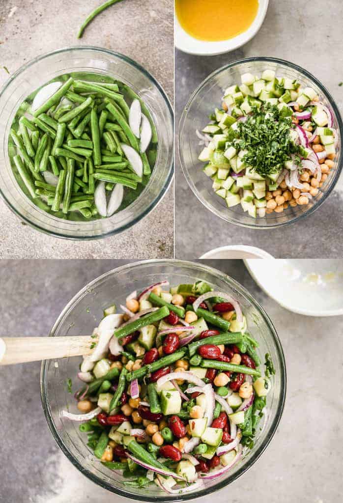 Three process photos for making Three Bean Salad.