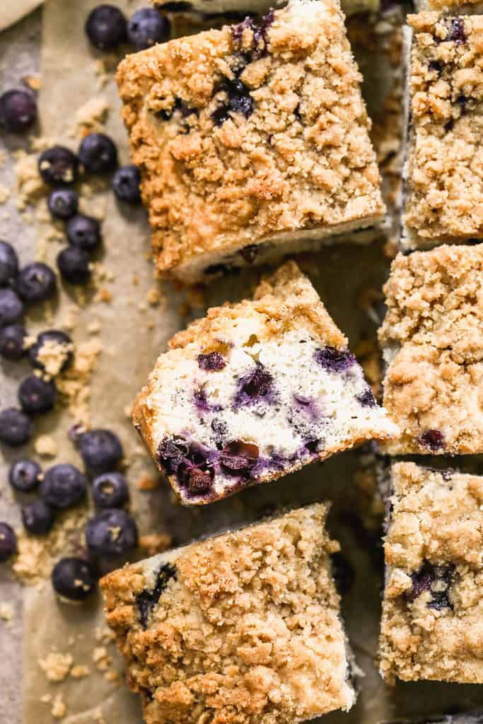 Blueberry Coffee Cake with streusel topping, cut into pieces. 