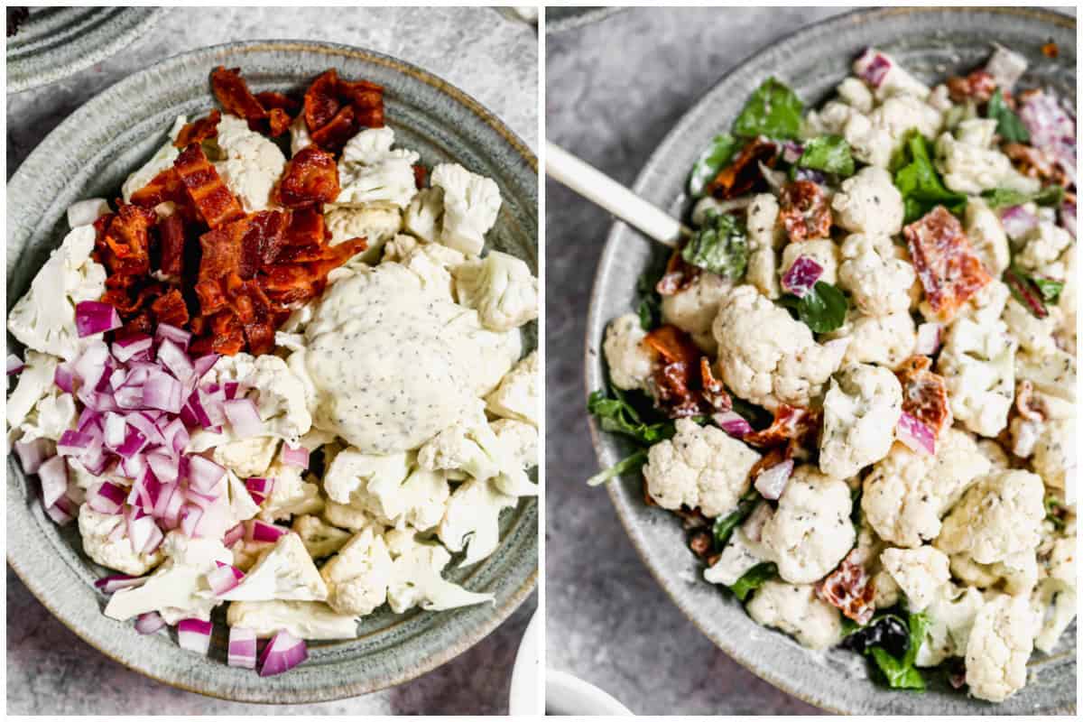 Two process photos for how to make cauliflower salad.
