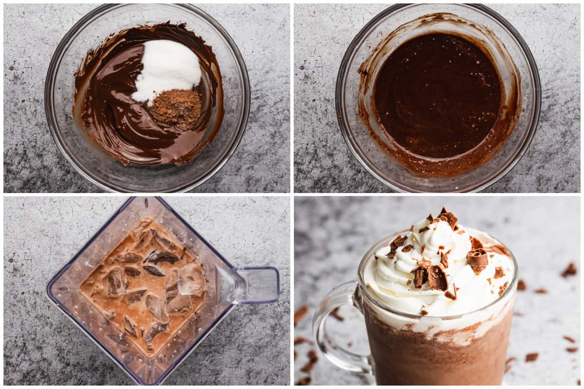 Four images showing how to make frozen hot chocolate by melting chocolate and adding other ingredients then blending the mixture with ice and serving in glasses with whipped cream on top.