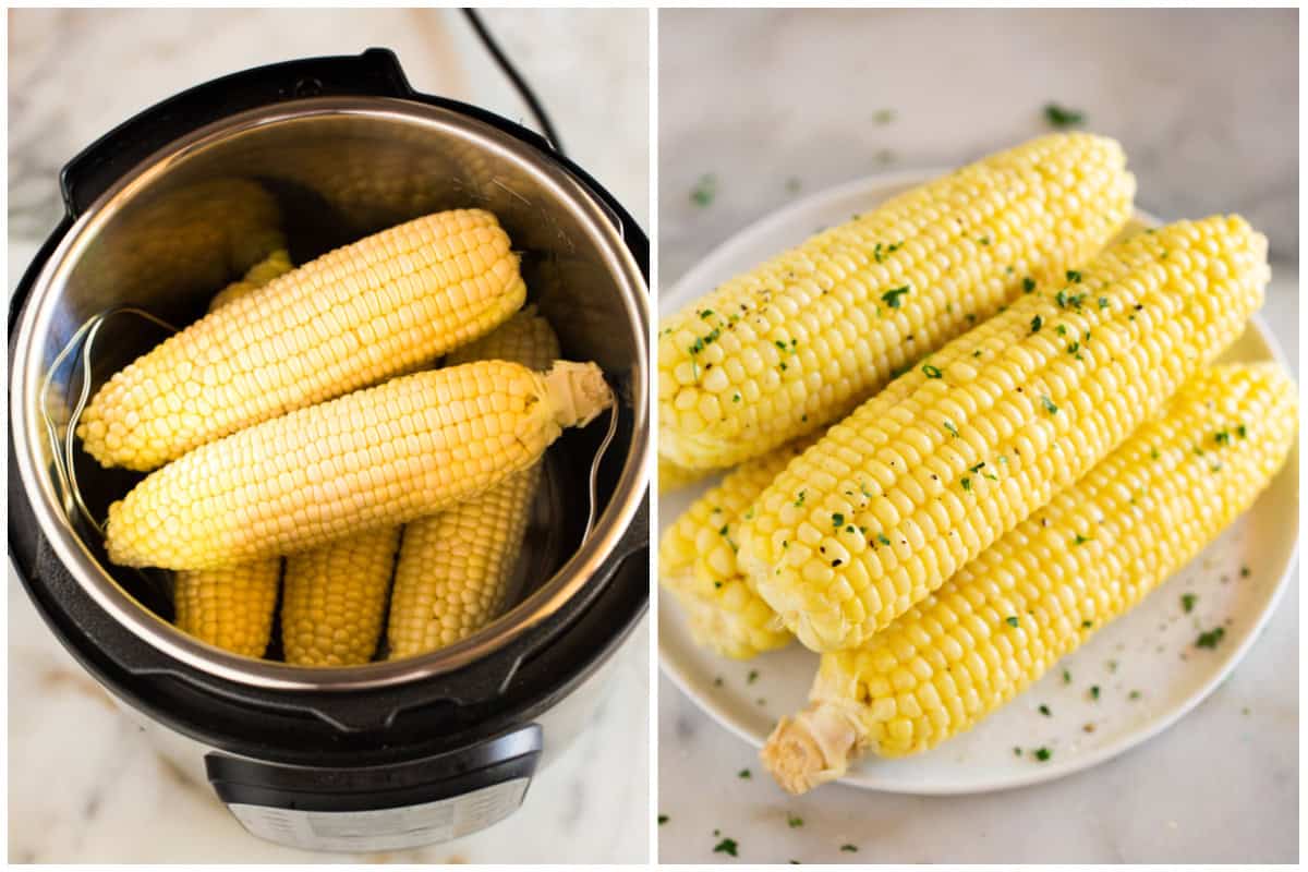 Two images showing how to cook corn in the instant pot by adding water then arranging the corn on a trivet then after it's done and placed on a plate.