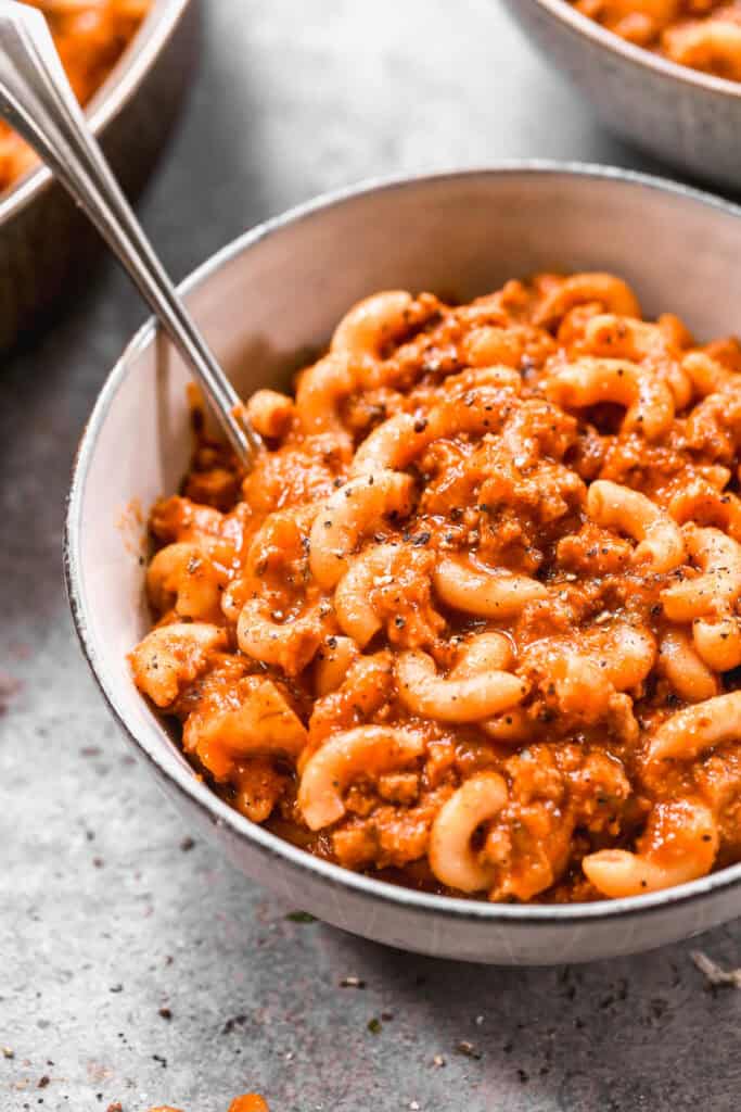 An easy American Goulash recipe in a bowl, ready to enjoy.