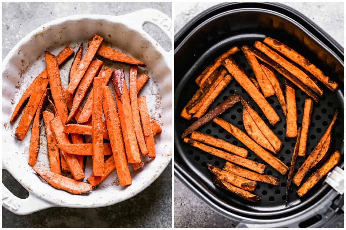 Two images showing how to make sweet potato fries in air fryer by tossing the sliced sweet potatoes in seasoning then cooking in the air fryer until crispy.