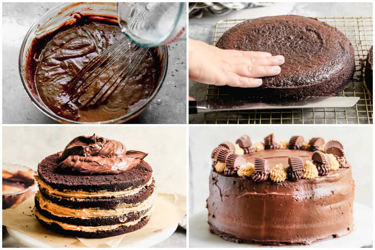 Four process photos for assembling a chocolate peanut butter cake with reeses on top.