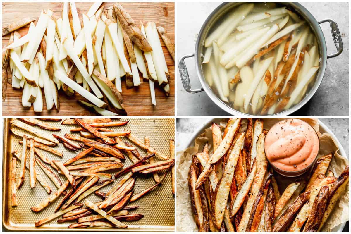 Learn how to make french fries from potatoes at home in just a few steps! The trick is soaking them in hot water then baking until crispy and delicious!