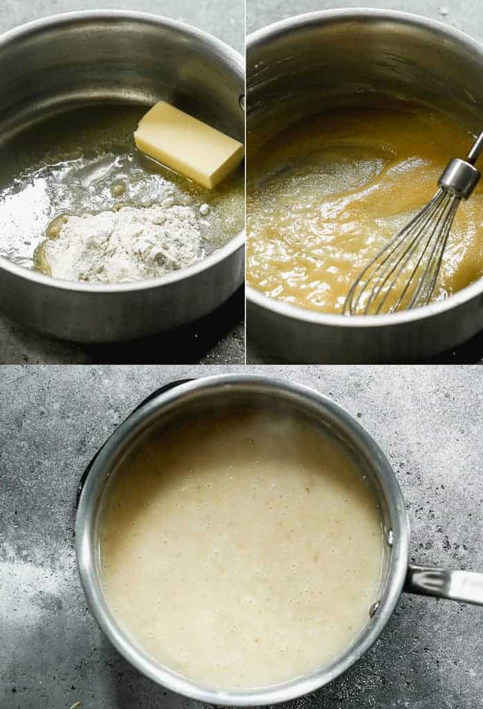 Three process photos for making homemade gravy in a saucepan, with butter, flour, and broth.