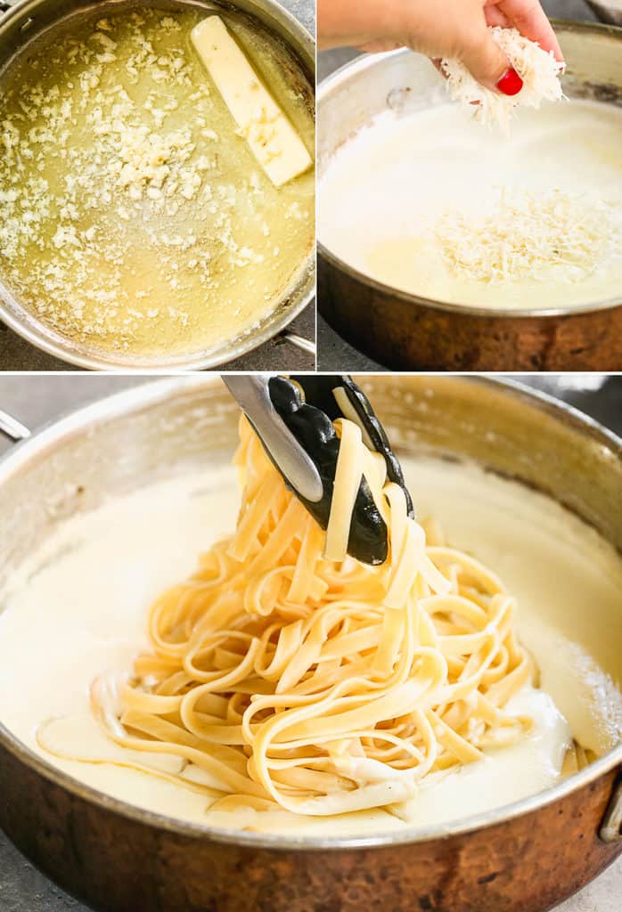 Three process photos for making alfredo sauce in a pot with butter, garlic, cream and parmesan cheese.