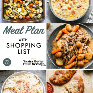 A meal plan and printable grocery shopping list with the ingredients you need to make one pan pesto chicken and vegetables, corn chowder, shrimp alfredo, calzones and pot roast.