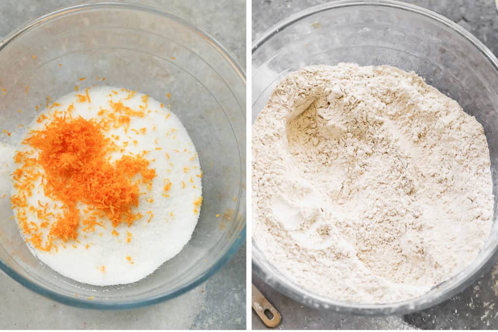 A mixing bowl with granulated sugar and orange zest, and another mixing bowl with dry ingredients including flour, baking powder and salt.