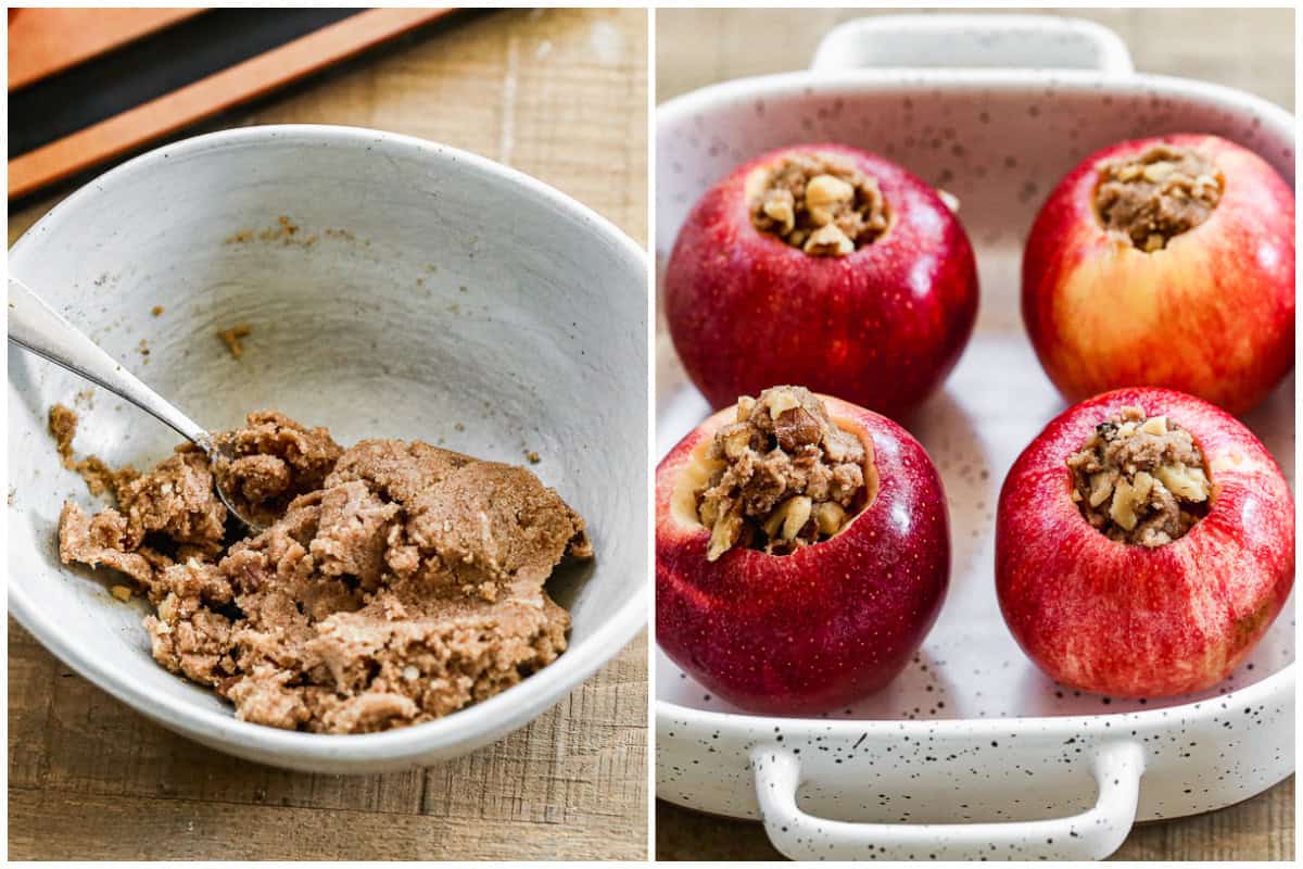 Two images showing how to make baked apples by making a cinnamon sugar filling then used to fill the center of apples. 