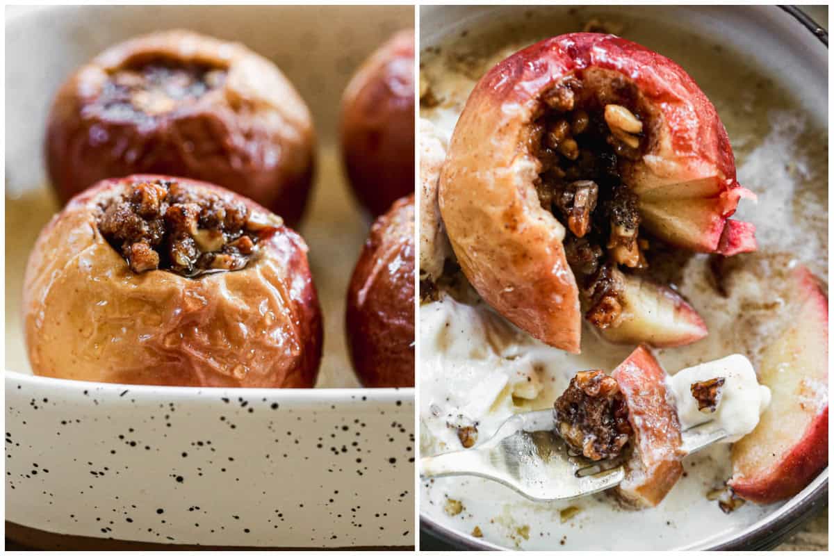 A healthy baked apples recipe filled with a cinnamon sugar filling, baked to allow it to caramelize. Then after when it's being served, and a fork taking a bite. 