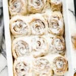 This homemade Overnight Cinnamon Rolls recipe is easy to make the night before and then simply pop in the oven in the morning. They are fluffy, tender, and covered in cream cheese frosting.