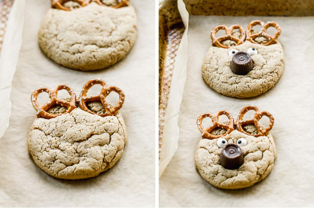 Two process photos for adding pretzels and a rolo to a cookie to make a reindeer face.