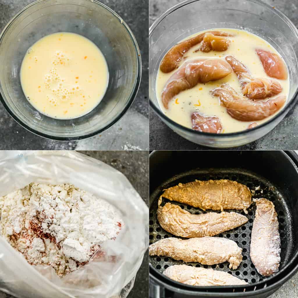 Four process photos for dipping chicken tenders in egg, breading and adding to an air fryer basket.