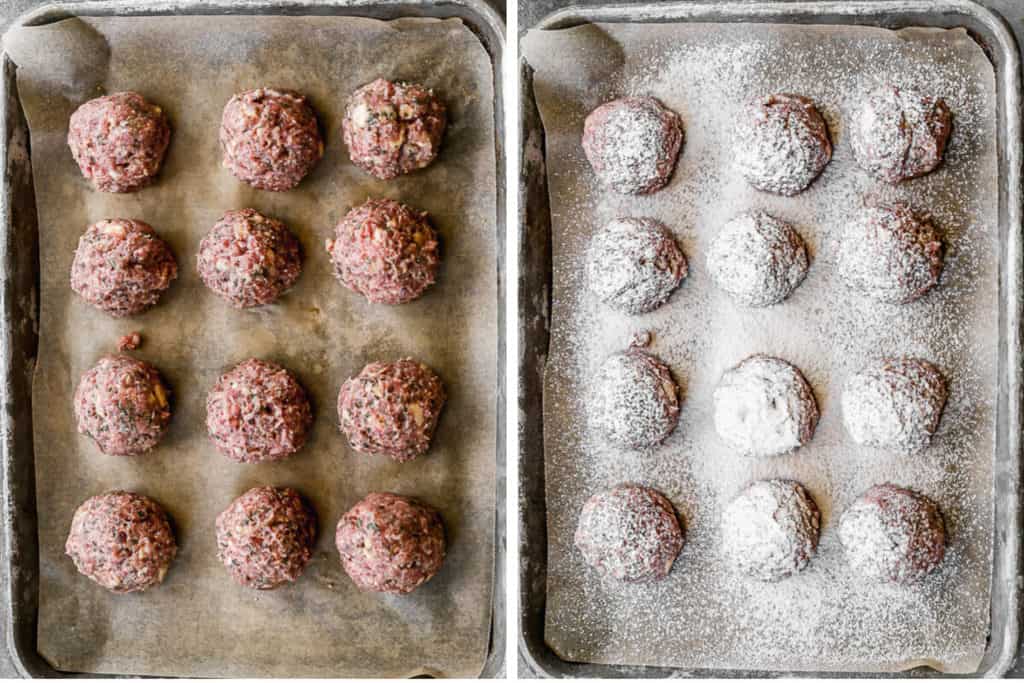 Raw meatballs on a baking tray, then sprinkled with flour.