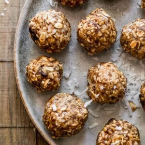 No bake Energy Balls made with pantry staples and served on a plate.