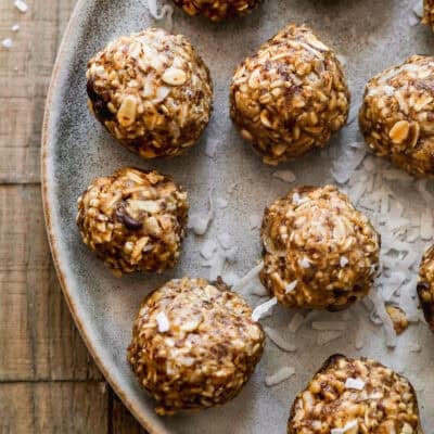 No bake Energy Balls made with pantry staples and served on a plate.