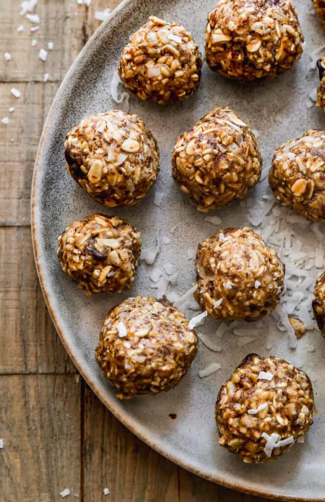 No bake Energy Balls made with pantry staples and served on a plate.