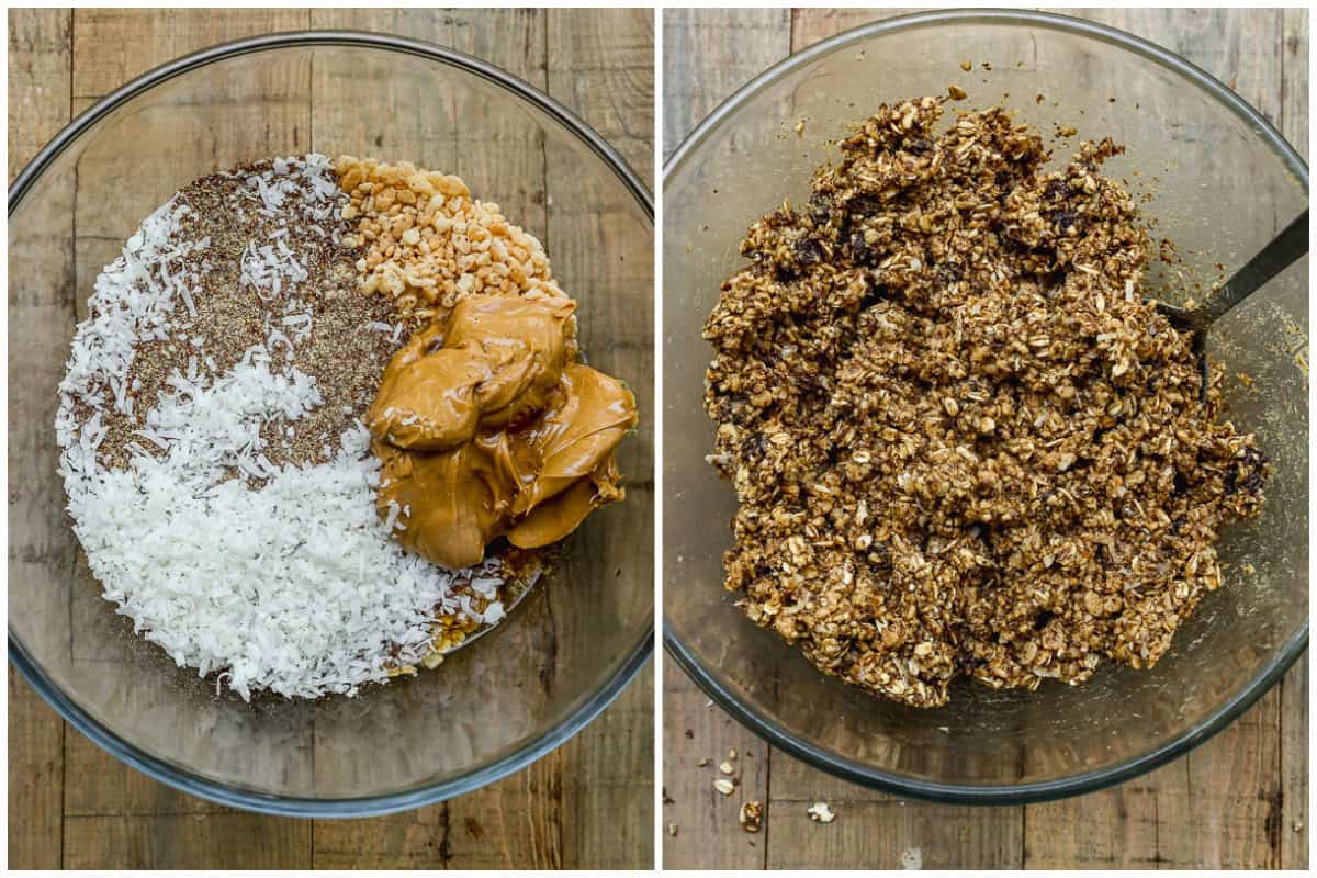 Two images showing how to make peanut butter energy balls by combining all the ingredients in a mixing bowl. 
