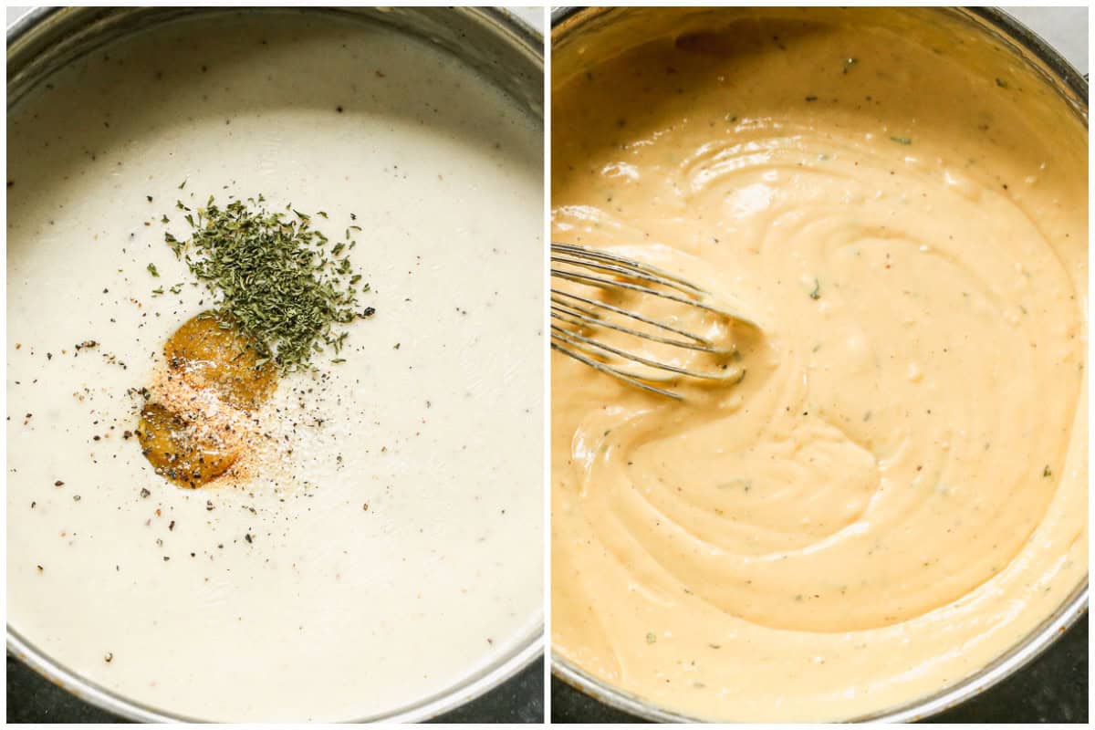Two images showing a creamy baked mac and cheese sauce recipe before and after the cheese is added and melted.