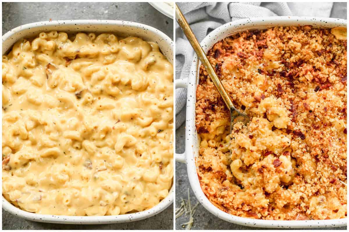 Two images showing how to make baked mac and cheese by combining elbow noodles with a cheesy sauce then baking it with a crispy breadcrumb topping.