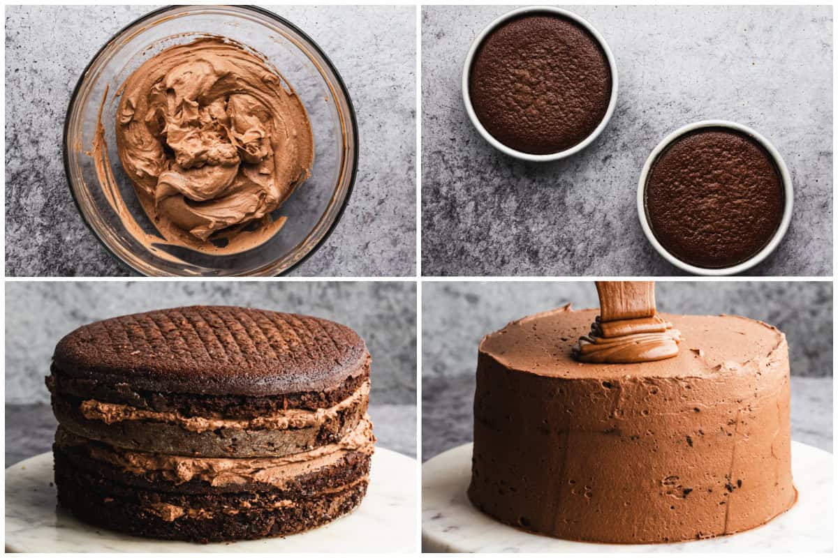 Four process photos for how to make a chocolate mousse cake.