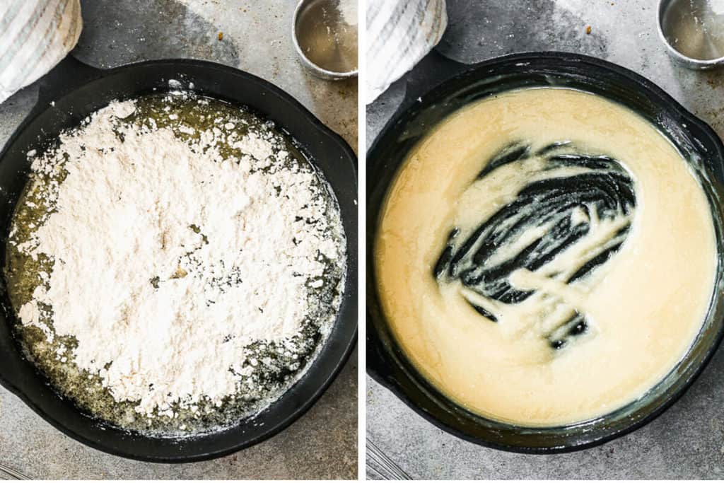 Two process photos for how to make a roux by adding butter and flour to a pan, and mixing to make a white roux.