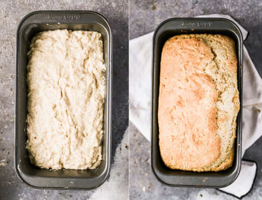 Dough for beer bread in a loaf pan next to another photo of a baked loaf of beer bread.