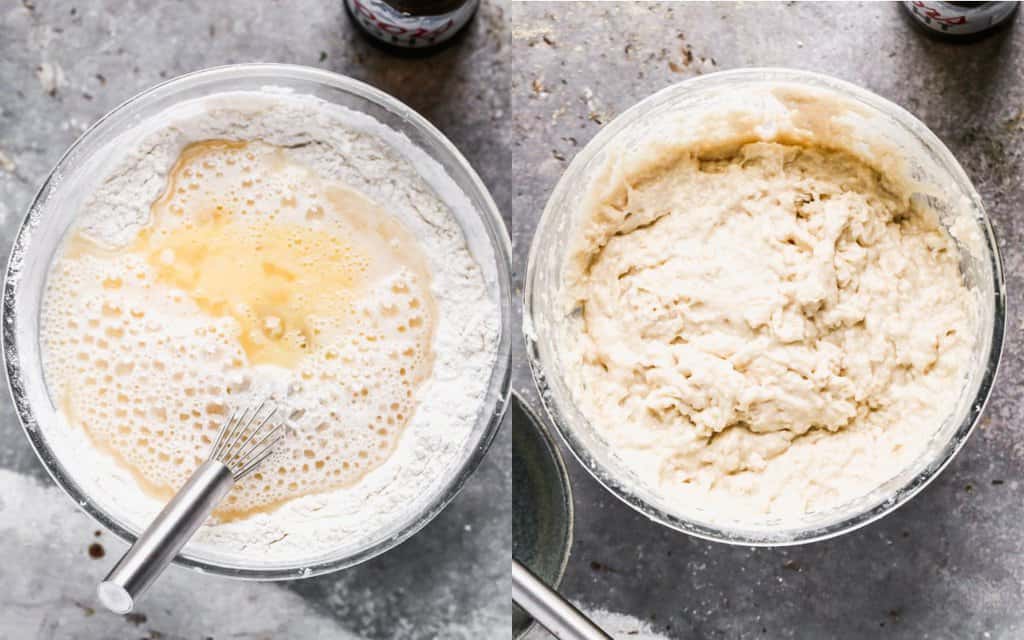 Two process photos for mixing the ingredients for beer bread in a mixing bowl. 