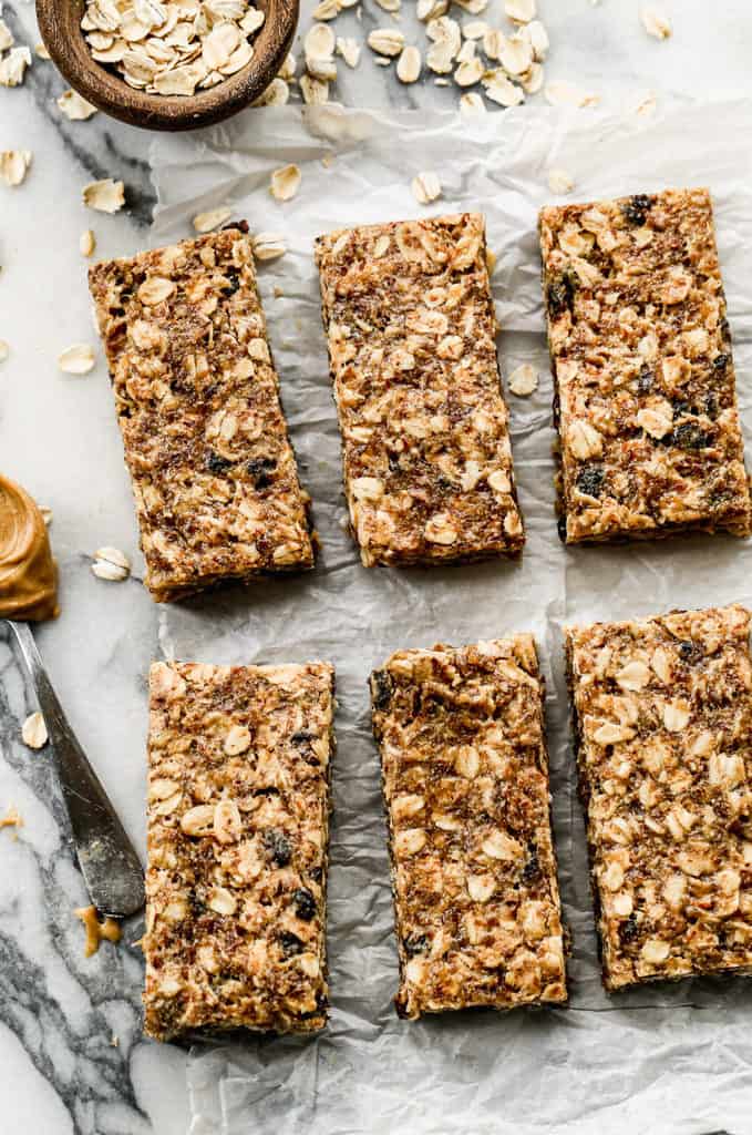Homemade protein bars made with oats and peanut butter.