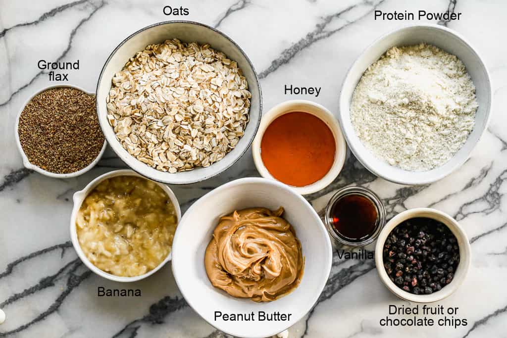 Labeled ingredients needed to make Protein Bars.