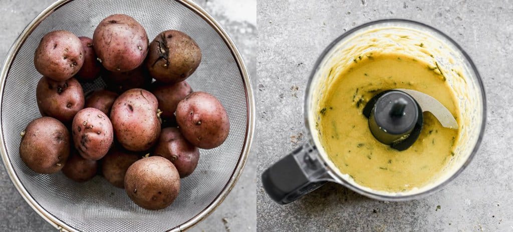 Par-boiled potatoes in a colander next to sauce in a food processor.