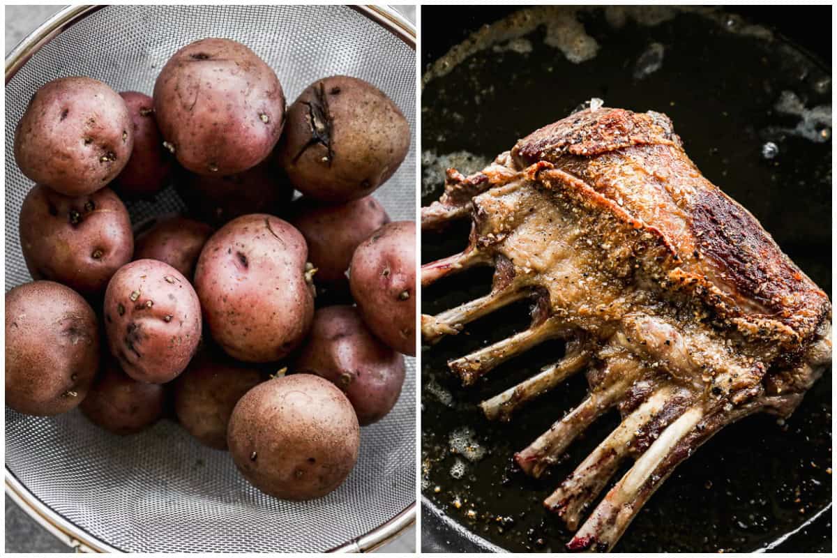 Two images showing red potatoes in a colander then a rack of lamb being seared in a cast iron pan.