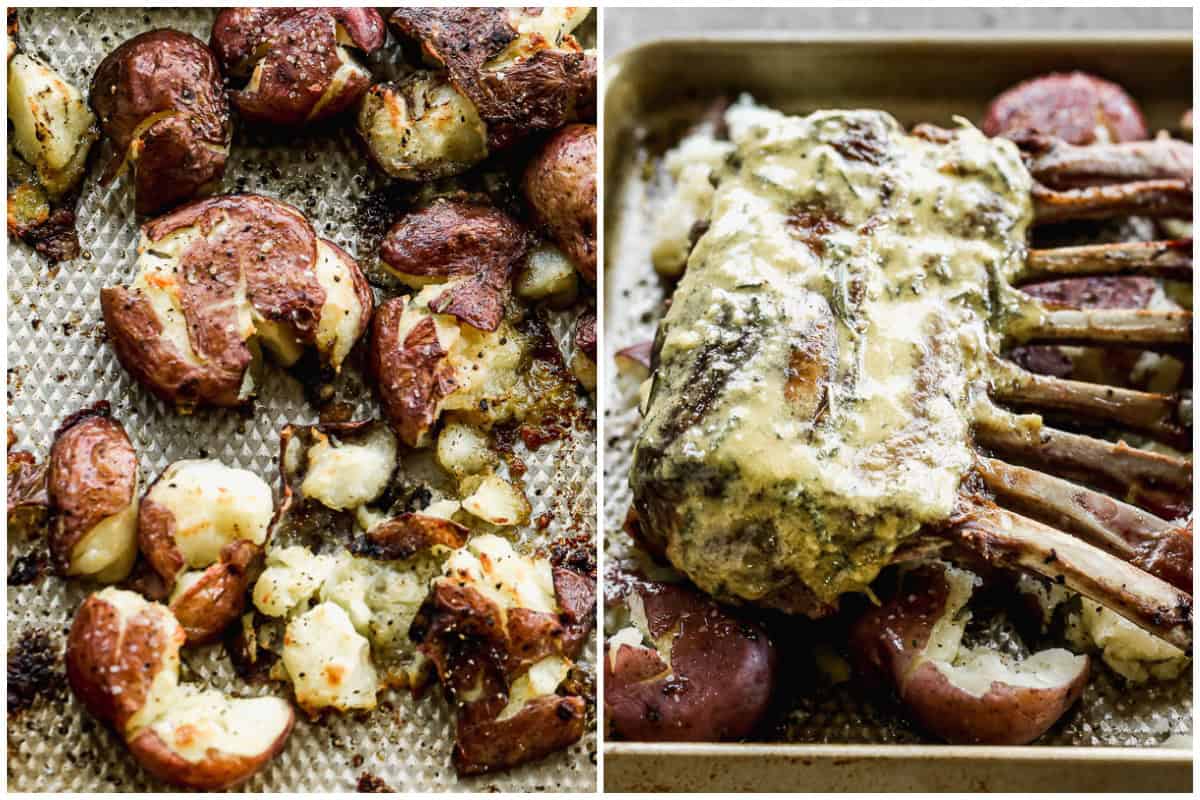 Two images showing red potatoes smashed then a rack of lamb positioned on top and brushed with a sauce for the best rack of lamb recipe.