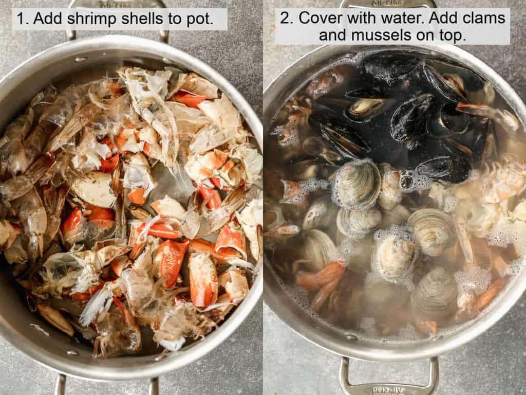 Two process photos for making seafood stock in a pot using shrimp and crab shells, mussels and clams.