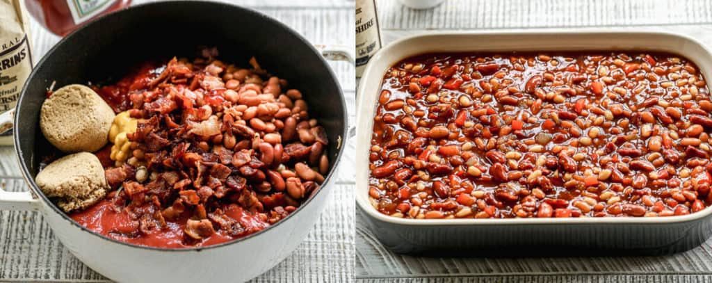 Baked beans ingredients in a pot next to another photo of the beans poured into a baking dish. 