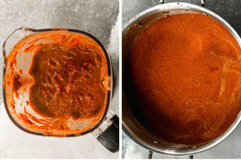 Sauce chili mélangée pour lisser dans un mélangeur, puis filtrée dans une casserole.